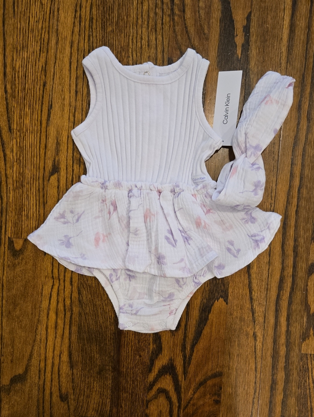 NWT Calvin Klein White Ribbed Skirted Bodysuit w Headband 18mo